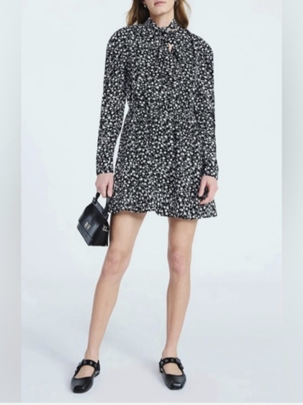 Scoop Women's Black Floral Long-Sleeve Tie-Neck Mini Dress Size M NWT‎